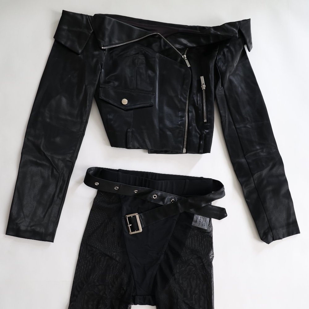 Akira Off the Shoulder Pleather Moto Jacket + Biker Shorts - Small